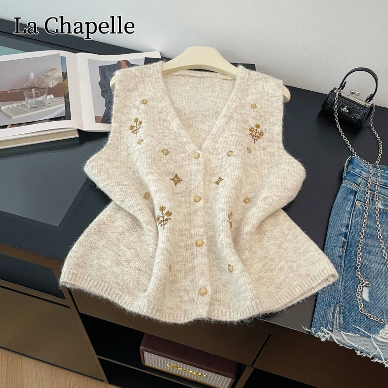 拉夏贝尔秋冬新款工艺串珠小香风马甲女气质叠穿显瘦无袖背心开衫