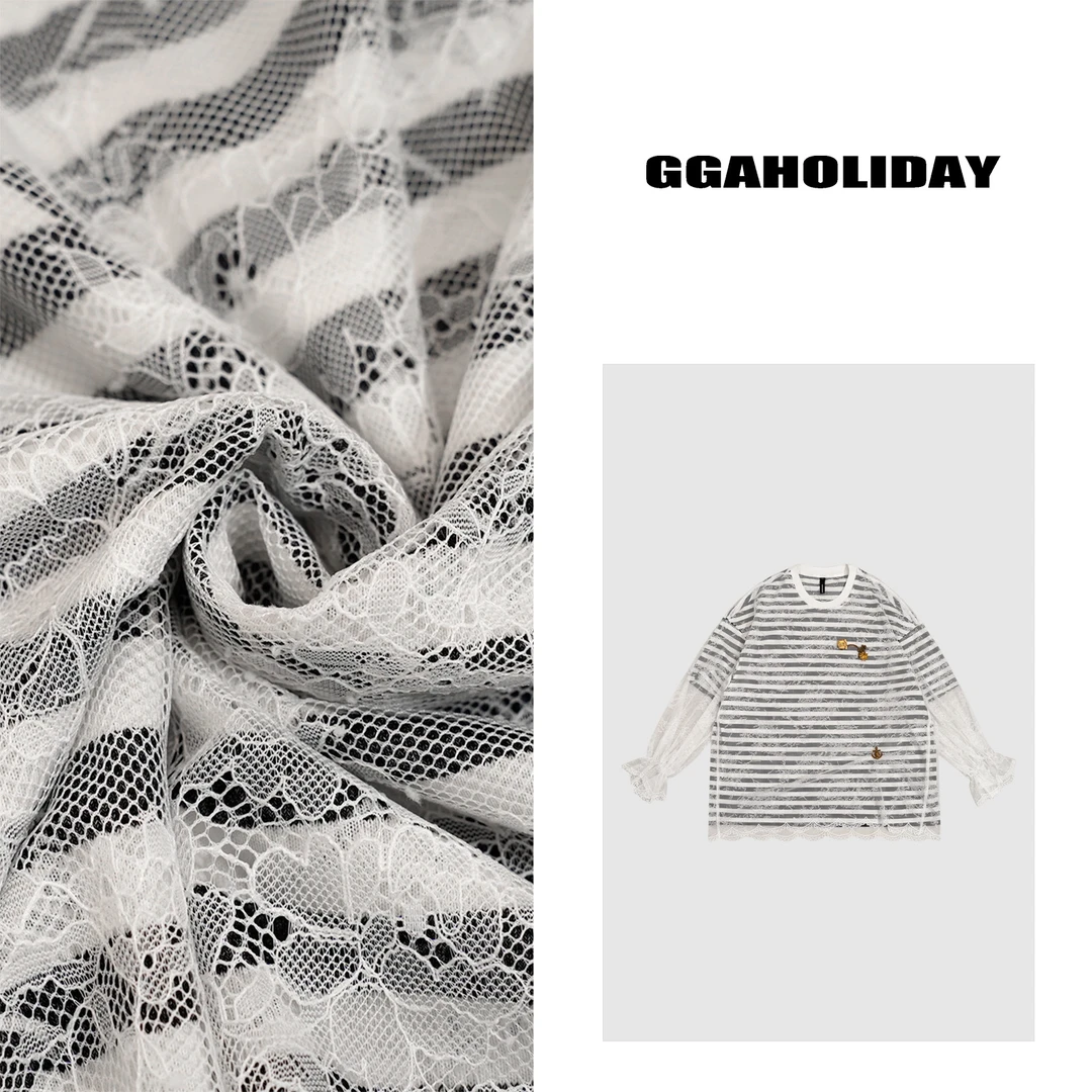 GGAHOLIDAY时尚休闲宽松百搭复古假两件条纹蕾丝长袖T恤裙-152521
