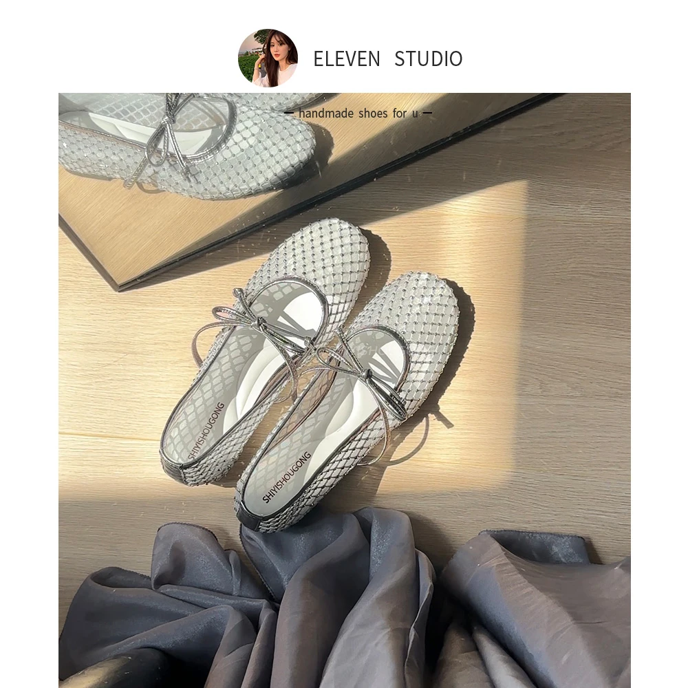 【王11】蝴蝶结水钻网纱单鞋女玛丽珍鞋芭蕾舞平底鞋 3CM/星空