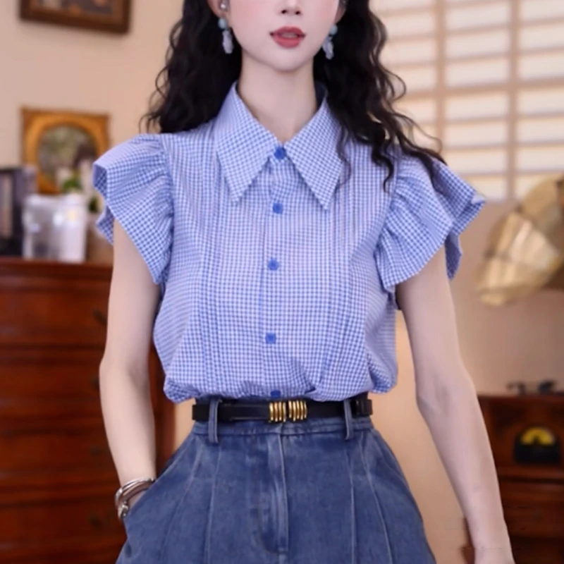 蓝色格子设计感衬衫女士夏季2025新款时尚显瘦减龄职业飞飞袖上衣