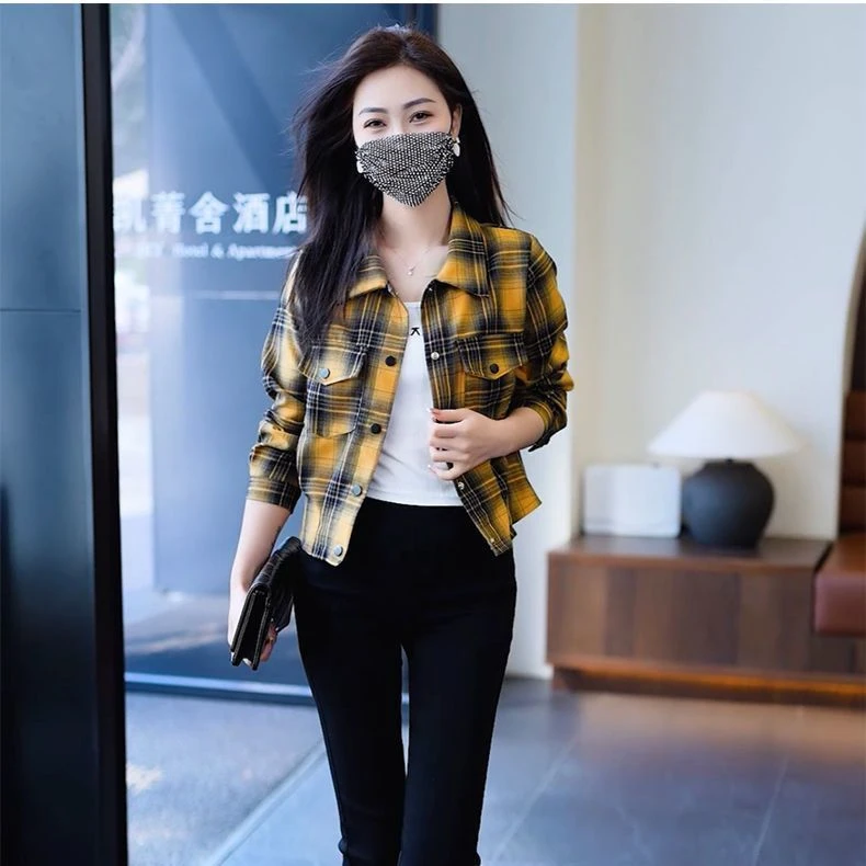 简约格子衬衫小香风上衣女春秋女士衬衫洋气宽松短装女上衣修身