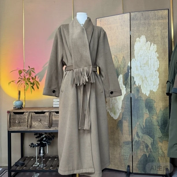 【60513】驼色围巾款外套设计师宽松秋冬休闲毛呢