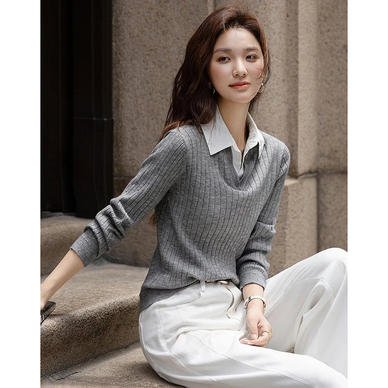 【德·玛纳】秋季假两件拼接衬衫可脱卸V字翻领针织衫品牌服饰