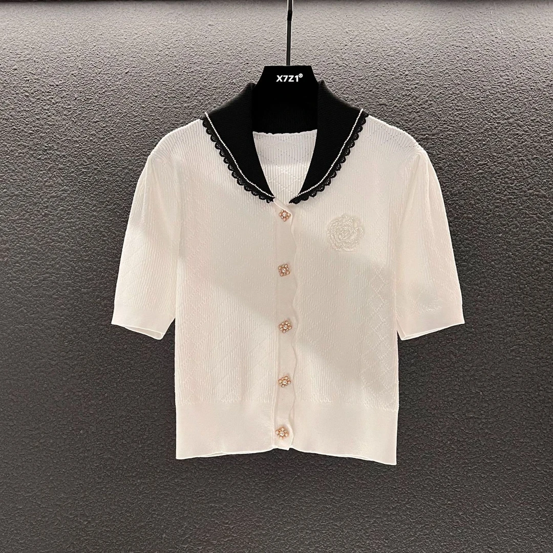 25新款 法式浪漫邂逅  解锁优雅密码撞色娃娃领针织短袖开衫