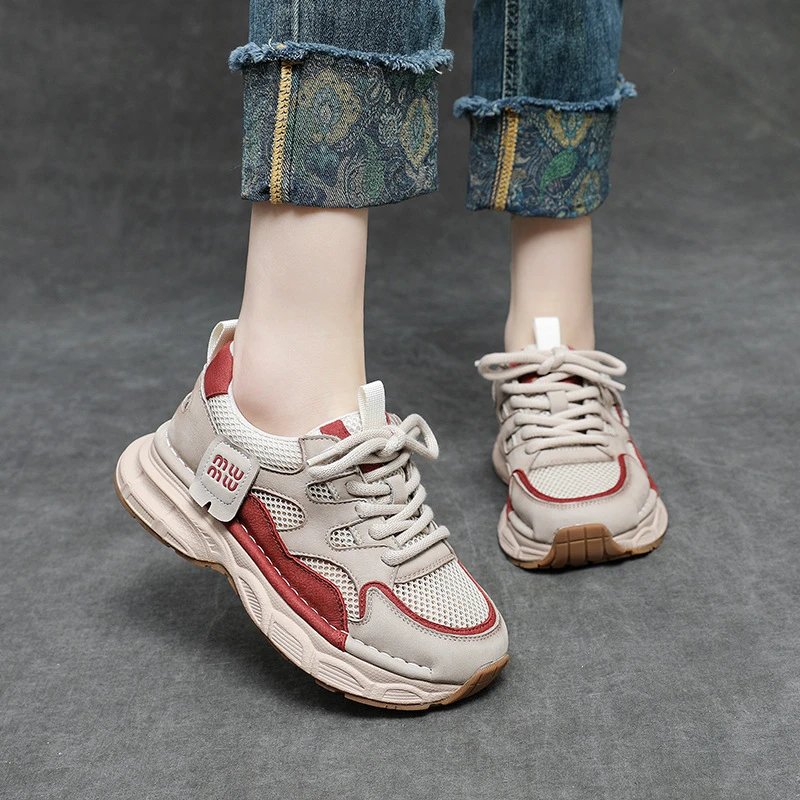 2025春夏新款头层牛皮舒适百搭老爹鞋女透气运动休闲鞋旅游鞋