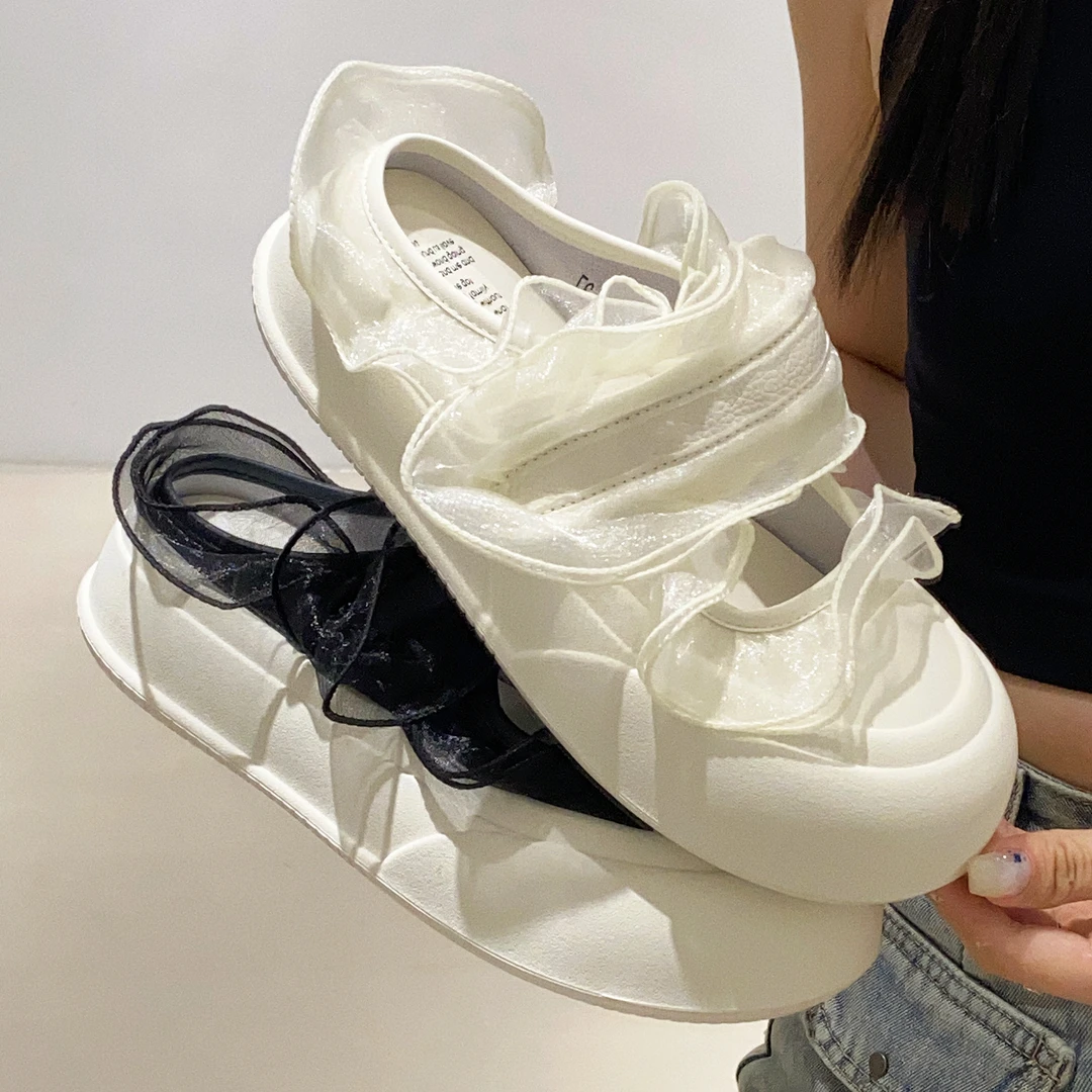 真皮面包板鞋魔术贴小白鞋蕾丝玛丽珍大头丑萌厚底包头半拖鞋女夏