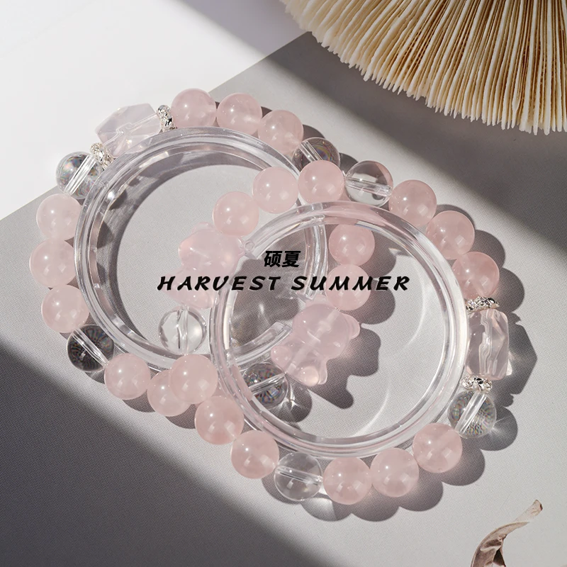 硕夏粉水晶9-10mm+白水晶+小熊雕刻件+随形多样性发其一WW15