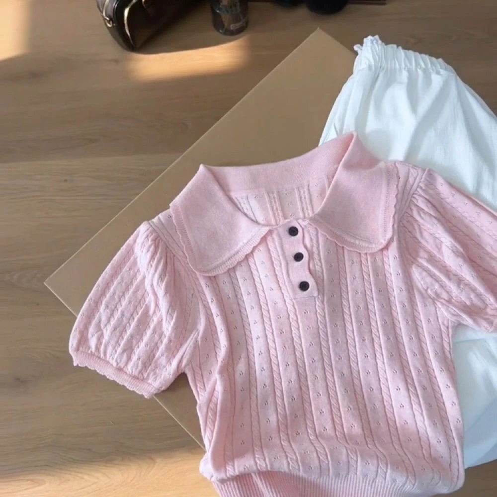 韩系娃娃领麻花针织短袖T恤女春夏纯欲bm内搭正肩短款泡泡袖上