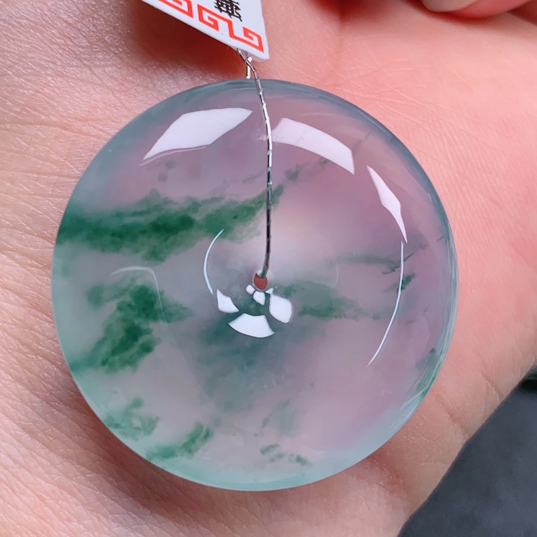 天然缅甸翡翠A货高冰飘花平安扣气质精美尺寸31.8+6. 24