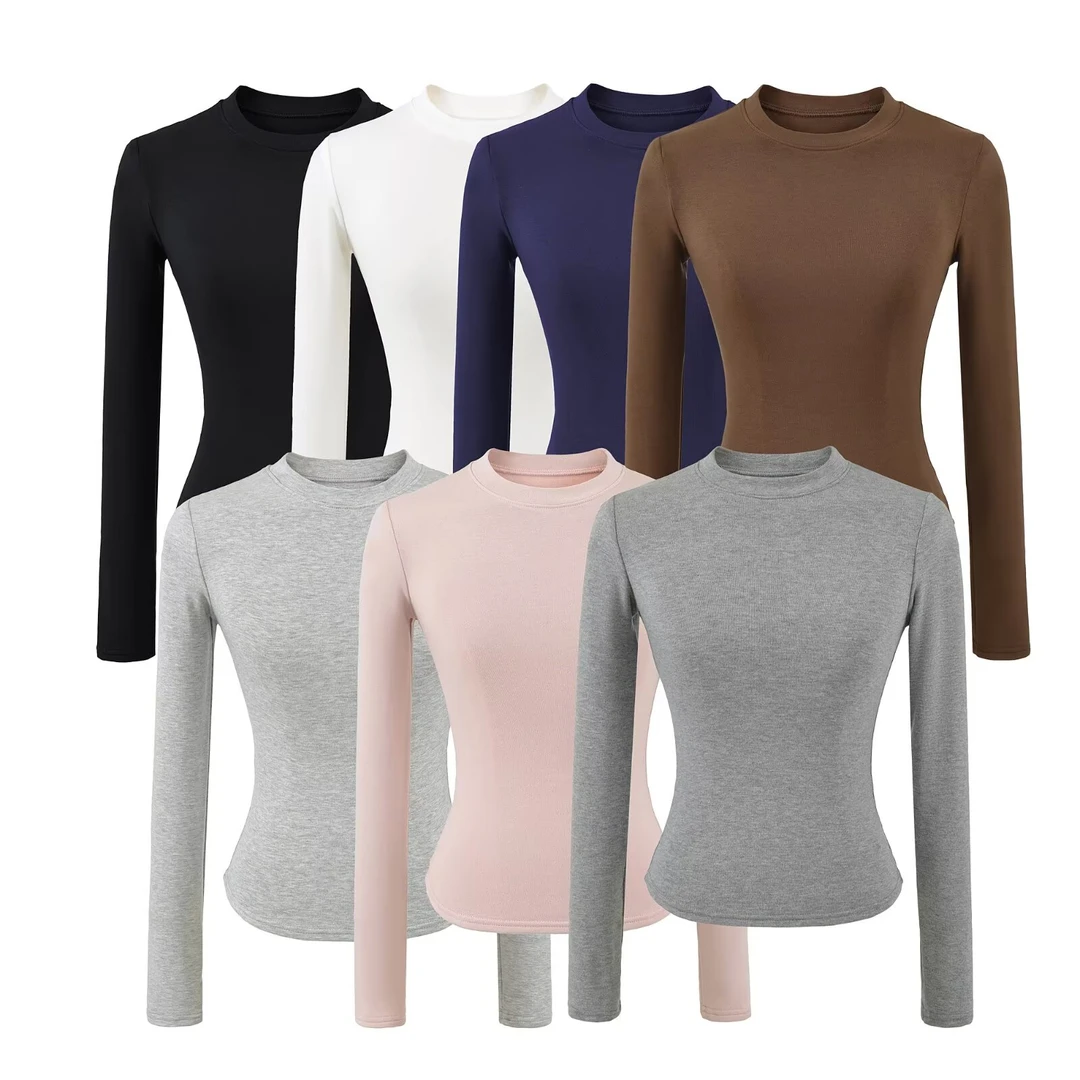 XMY-2555圆领长袖加绒打底衫女内搭新款秋冬季紧身性感t恤上衣