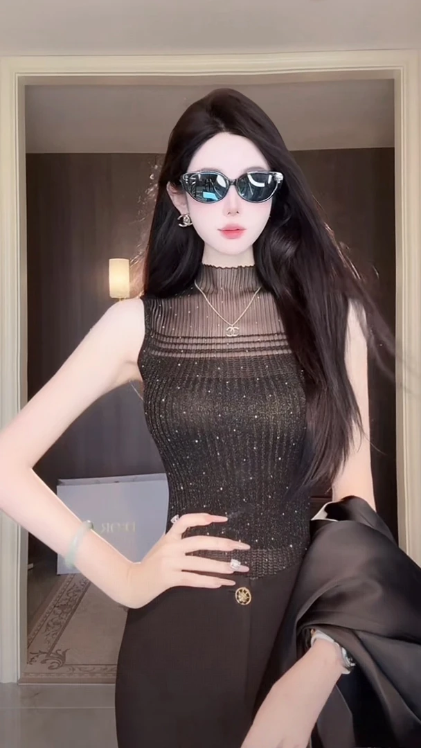 【雅乔定制】米兰回忆 烫钻细闪黑色网纱打底上衣DYYK-25072595