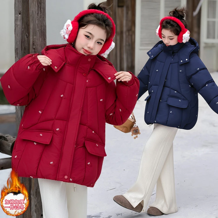 女童棉衣冬季新款中大童一件过冬连帽外套儿童中长款加厚冬装年服
