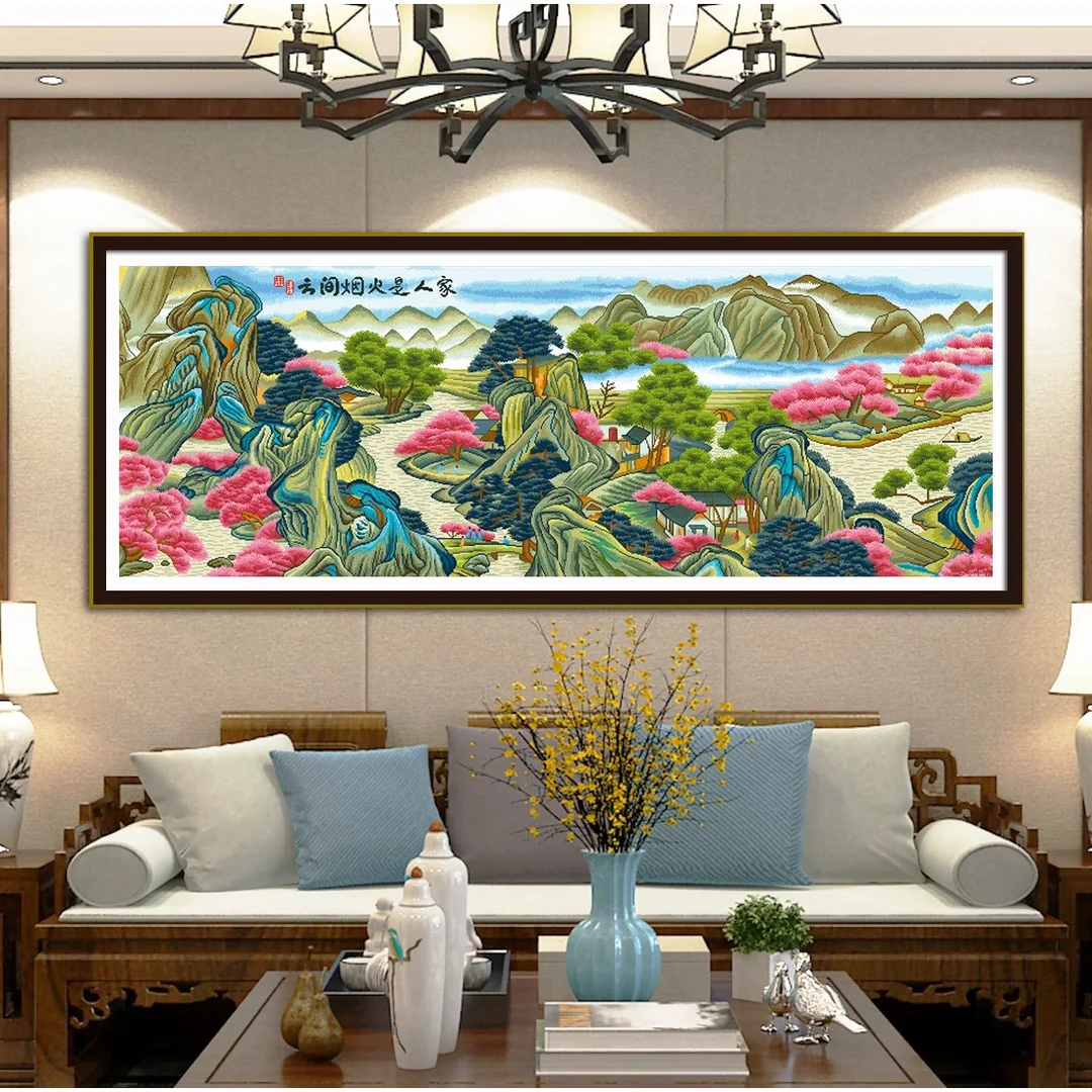 2.3大格纯手工绣好的十字绣成品736云间烟火是人家客厅装饰挂画