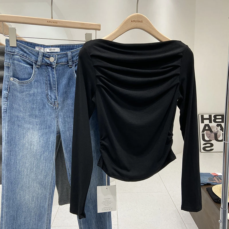 一字领荡领长袖T恤女春季短款掐腰设计感小众气质百搭短款上衣服