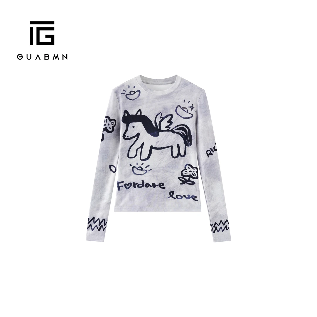 GUABMN2025年冬季新款马上有钱印花打底衫T恤打底衫上衣内搭6083