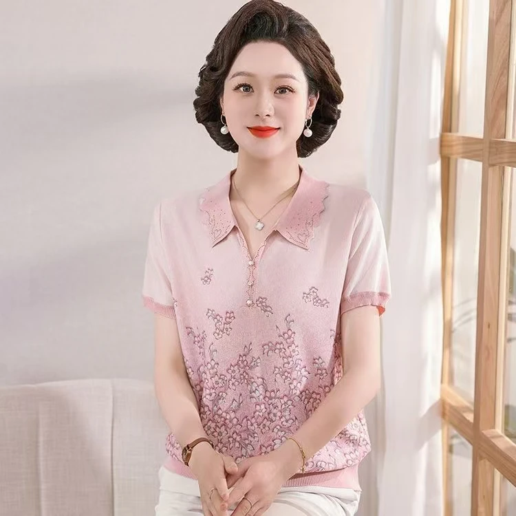 妈妈春装短袖冰丝洋气小衫春夏季翻领T恤8959