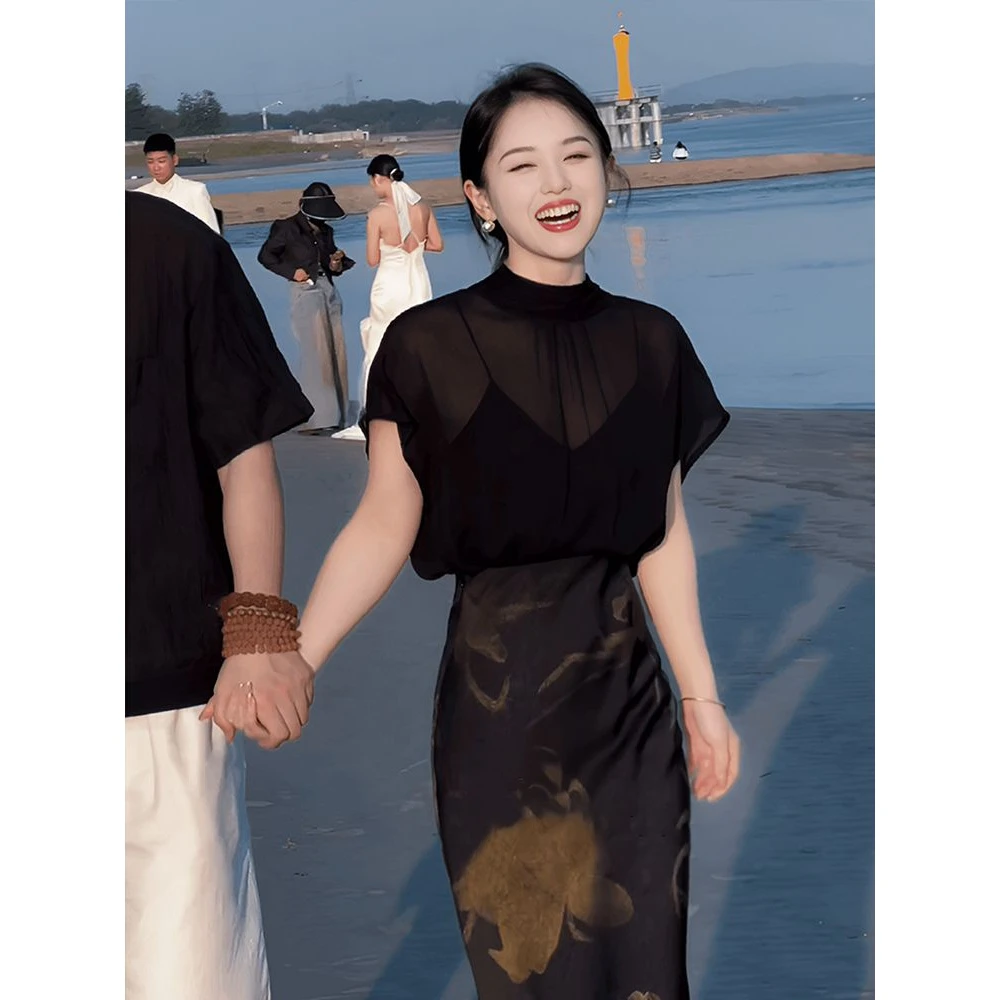 法式气质半高领短袖女204新款夏季高腰国风半身裙两件套女