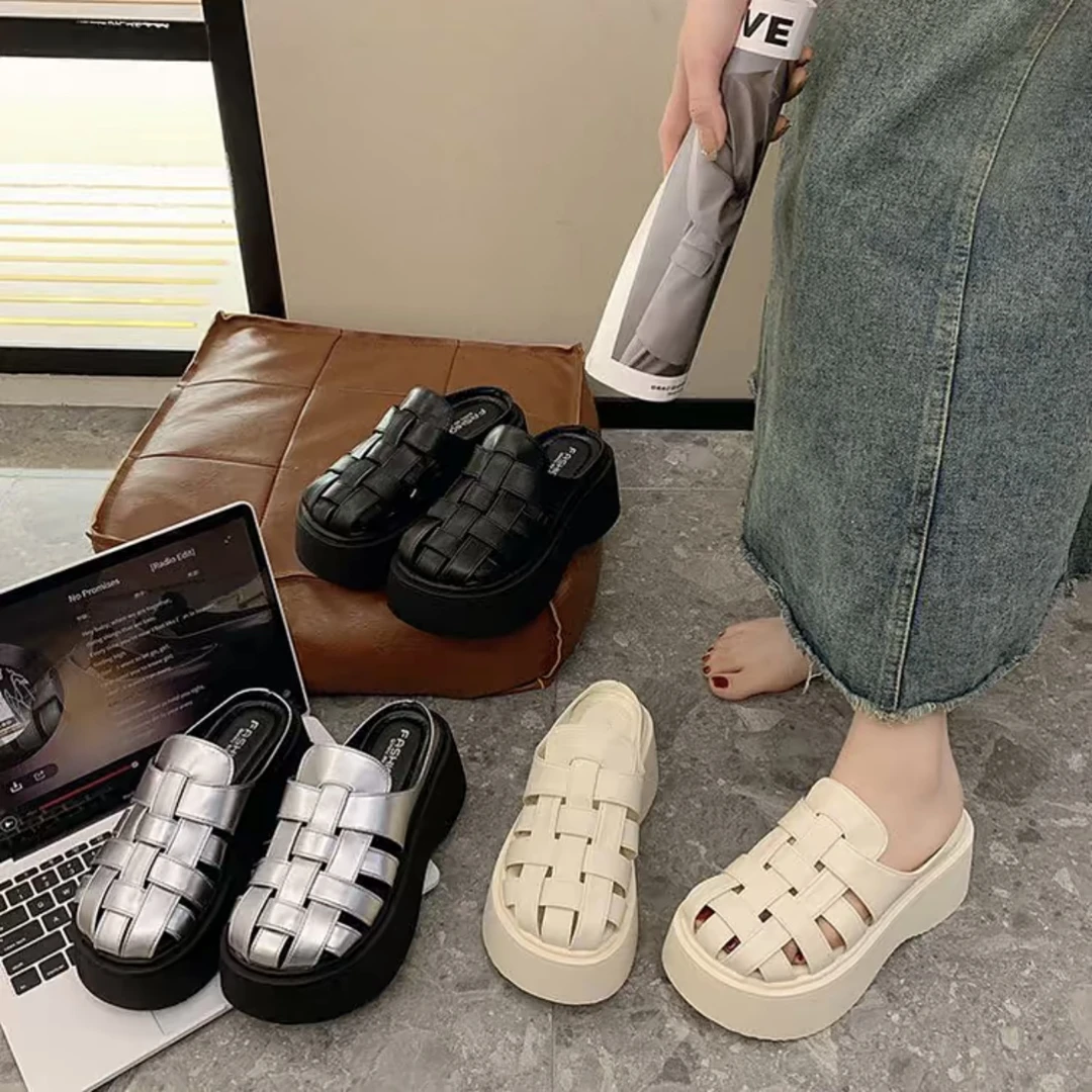 2025夏季新款6公分增高拖鞋厚底外穿包头拖鞋百搭镂空编织凉拖
