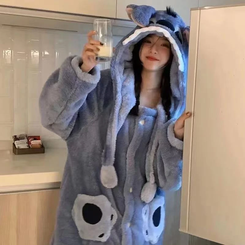 网红史迪仔秋冬季加厚珊瑚绒卡通连帽长款情侣外穿家居服套装男女
