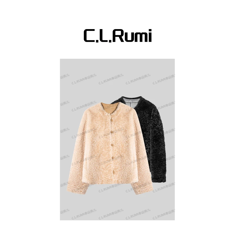 【Rumi精选】“微卷"秋冬重磅轻奢百搭盘扣卷毛皮毛一体外套6292wt
