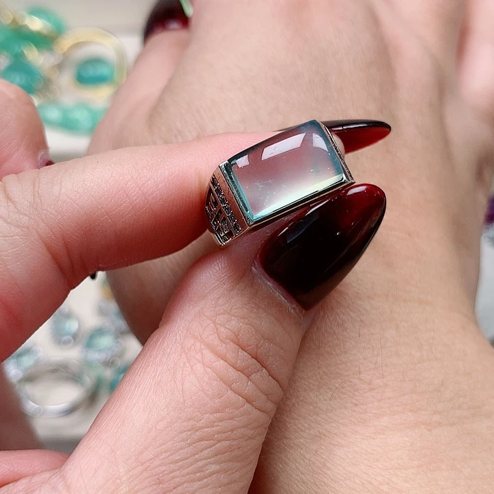 蛇纹石玉戒指银S925镶嵌菲