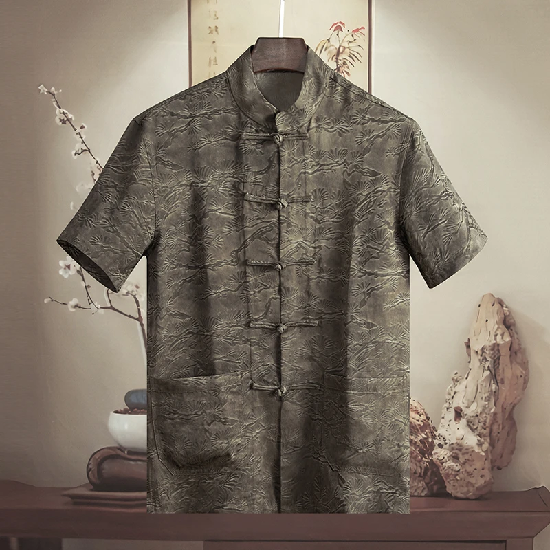 由天丨高端人丝面料复古提花唐装男装短袖衬衫新中式立领冰感顺滑