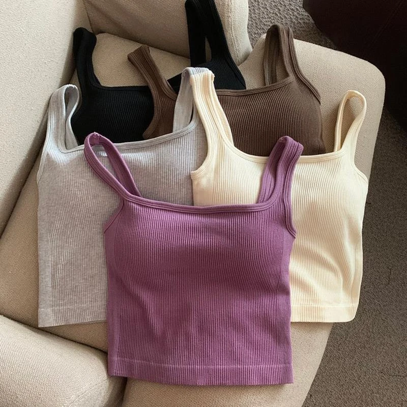 通勤小众夏季方领吊带背心女外穿带胸垫一体美背上衣潮