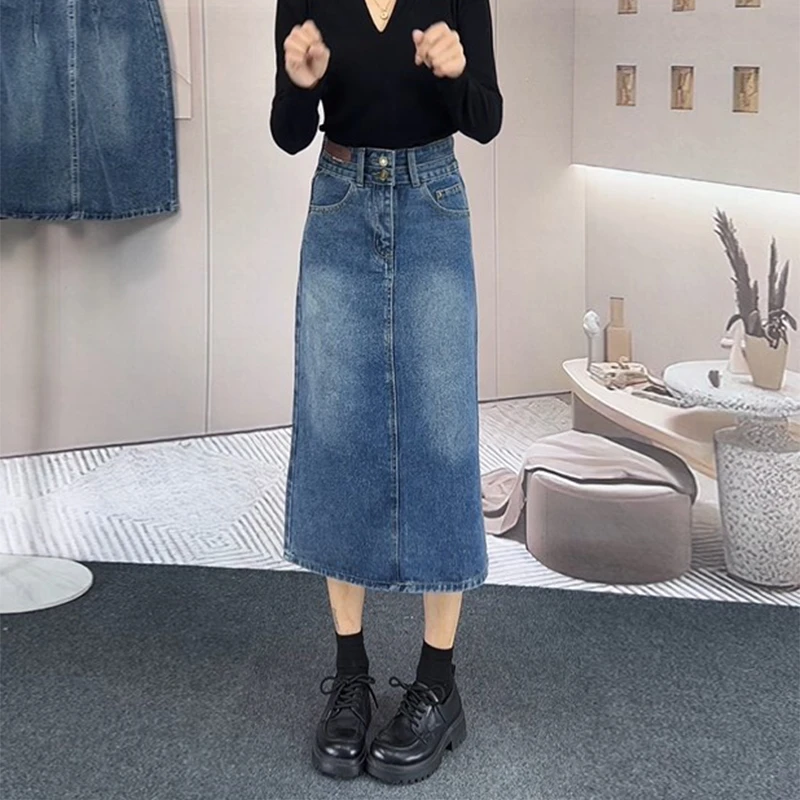 夏季新款小个子胖mma字牛仔裙高腰显瘦半身裙复古开叉裙子中长款