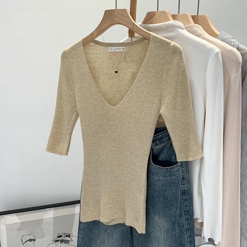 【部份现】2025春季新款V领打底中袖针织衫修身显瘦百搭上衣女M978