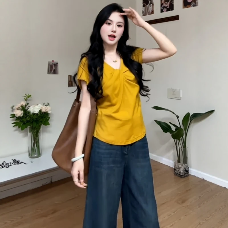 大码设计感v领扭结短袖t恤女夏季新款胖mm显瘦超好看独特漂亮上衣