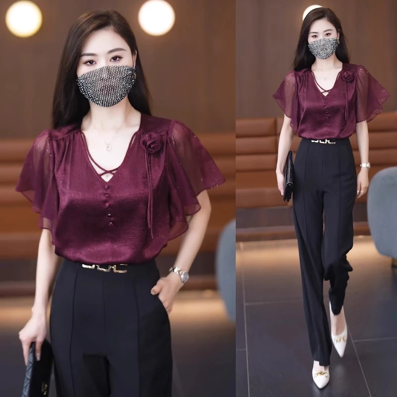 拉夏贝尔 气质雪纺衫女2025夏季新款洋气减龄设计感时尚显瘦上衣