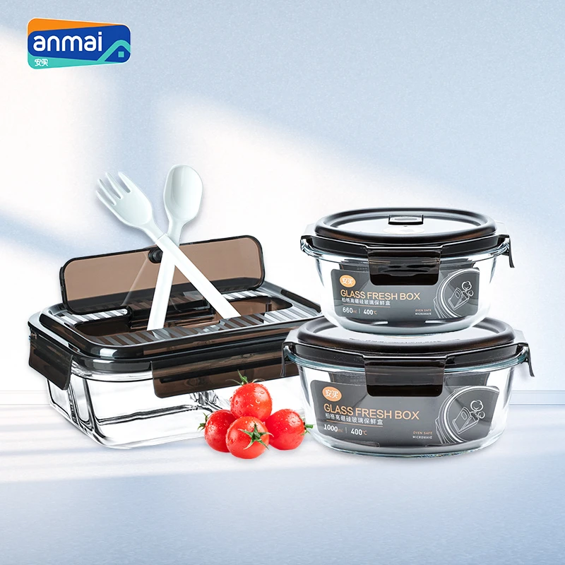 安买玻璃带盖饭盒微波炉加热保鲜盒耐高温学生带餐具分隔饭盒