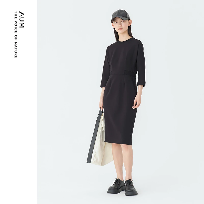 【陈大可精选】AUM噢姆简约质感黑色休闲长袖收腰连衣裙女