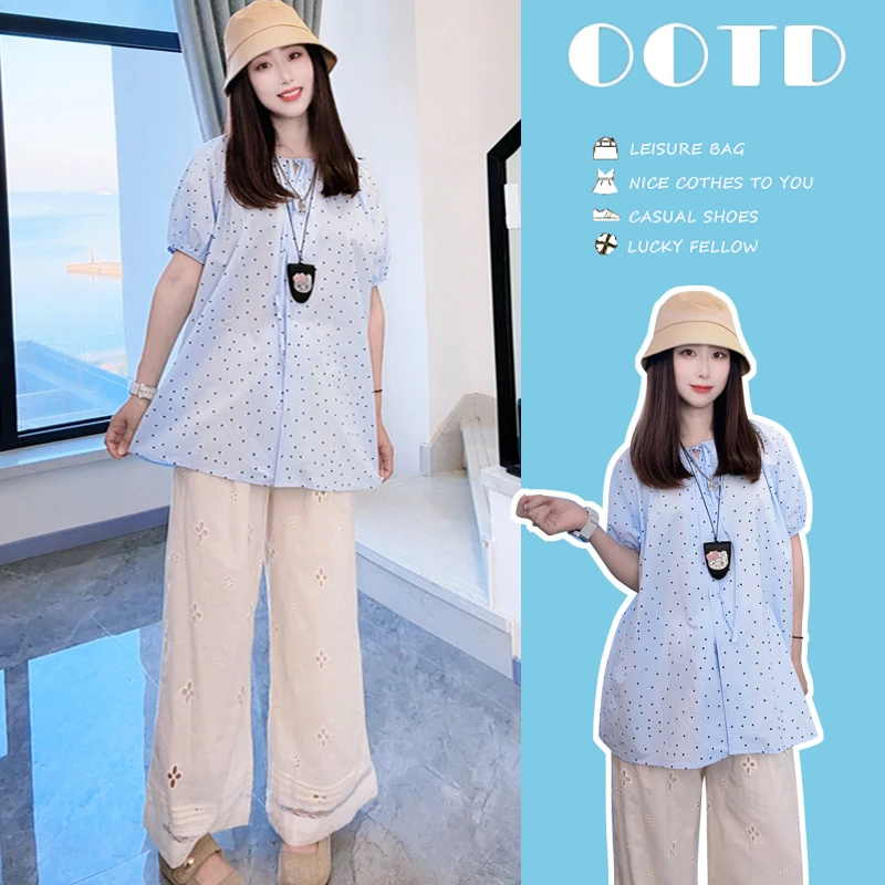 孕妇套装夏装新款时尚韩版宽松泡泡袖波点短袖衬衫休闲镂空阔腿裤
