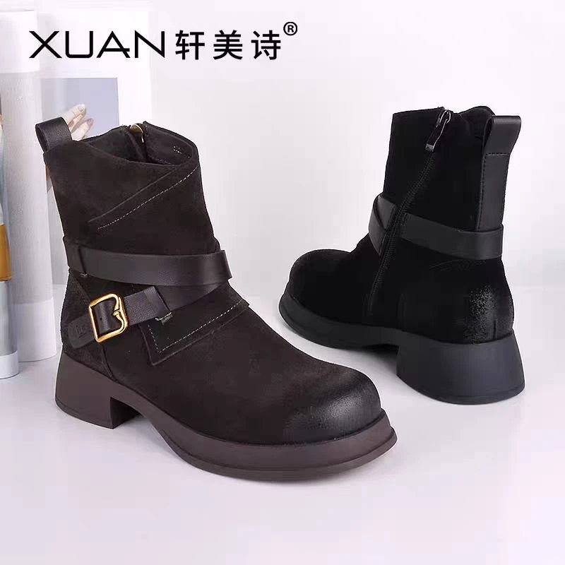 轩美诗2024秋冬新款牛绒皮女时装短靴圆头厚底真皮磨砂加绒40003