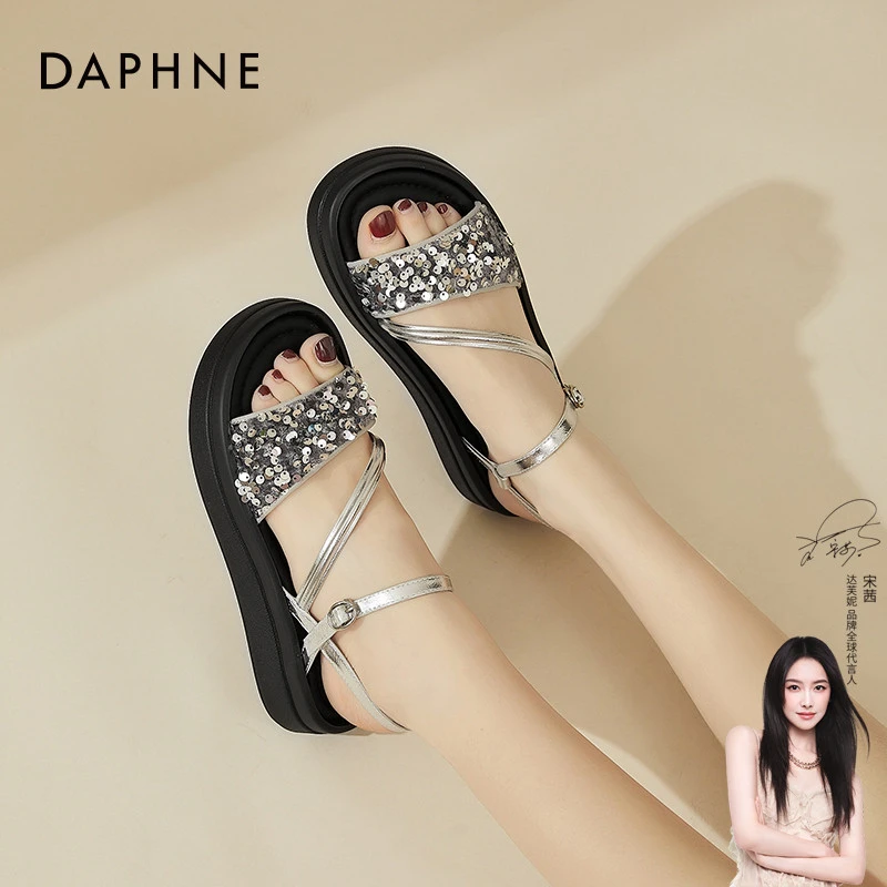 达芙妮厚底凉鞋女款2025新款爆款软底舒适夏季外穿一字带罗马平底