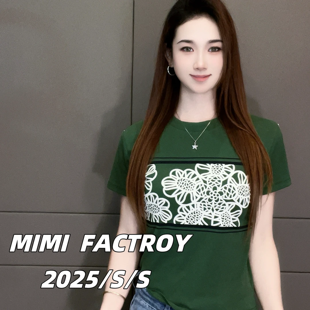 芈芈 2025新款短袖 横条花朵设计短袖T恤女修身显瘦上衣