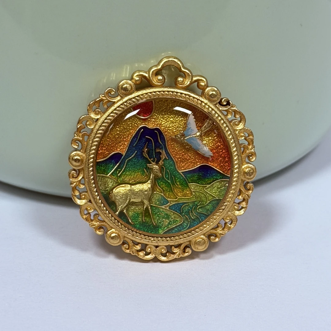 吊坠足银珐琅 景泰蓝珐琅精雕千里江山足银999新中式百搭吊坠