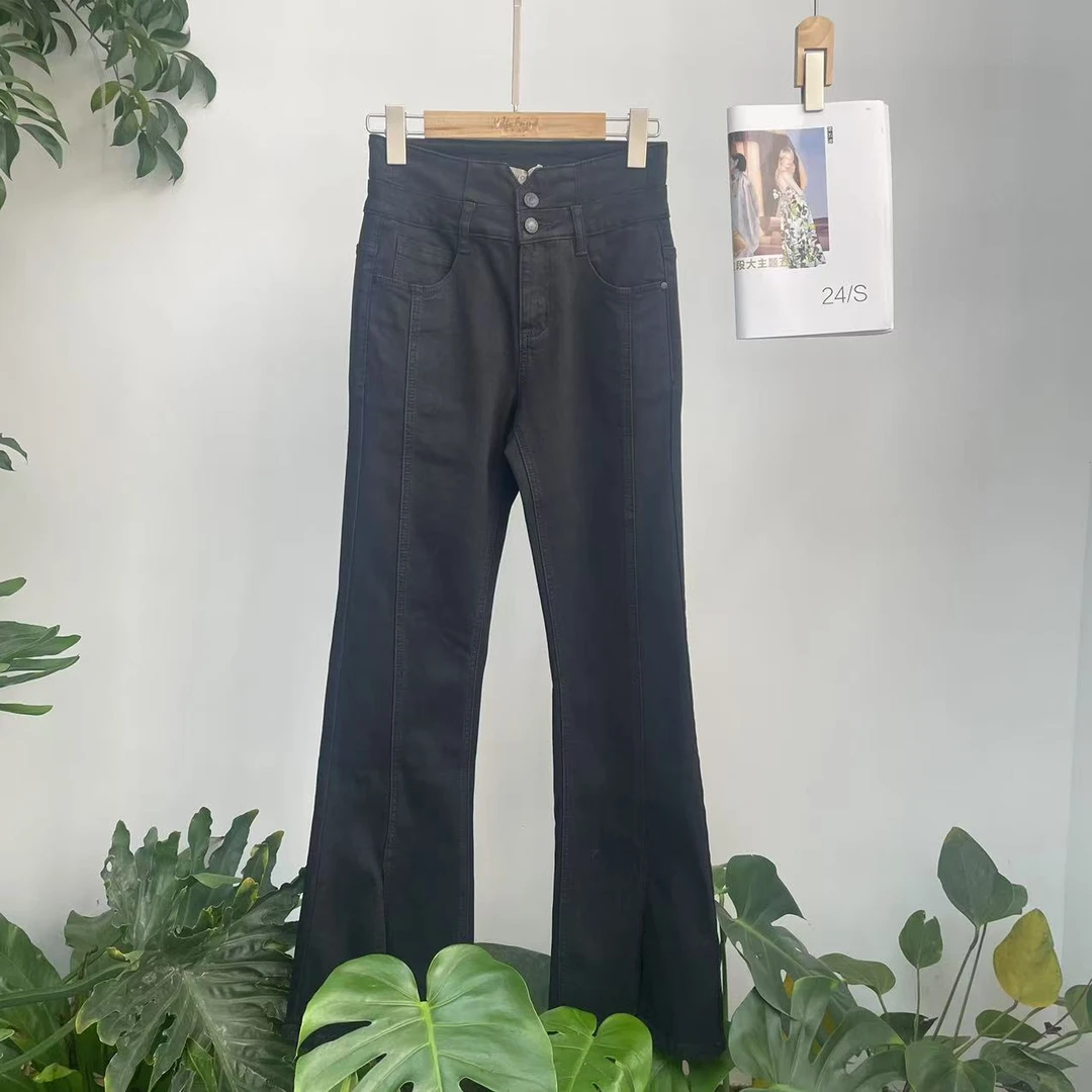 牛仔裤高腰直筒时尚休闲百搭修身显瘦微喇弹力水洗【635163】