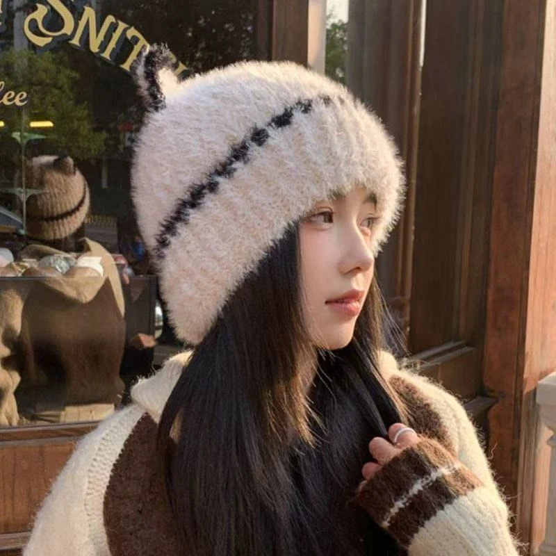 日系甜美可爱猫耳朵帽子女加绒加厚防寒帽冬季护耳保暖显脸小