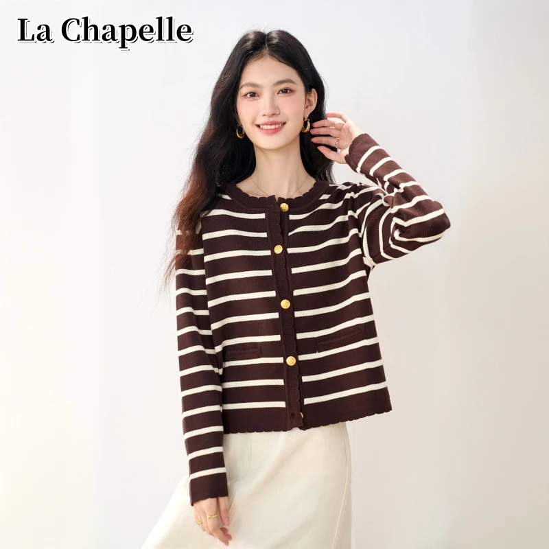 拉夏贝尔条纹小香风针织开衫女长袖短款圆领小外套针织毛衣外搭款