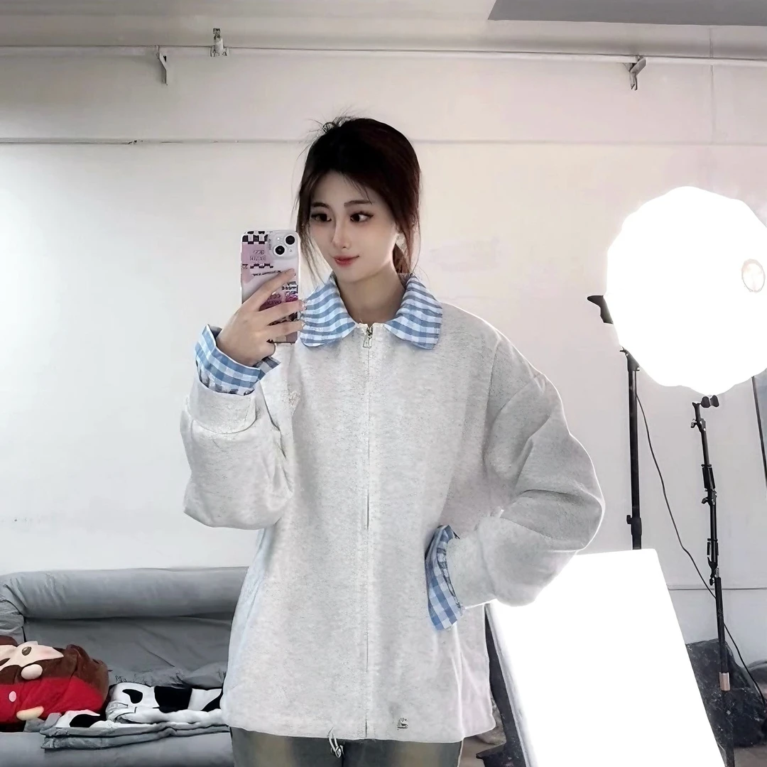 美式复古拼接假两件POLO领卫衣女春秋冬宽松学院风休闲百搭外套潮