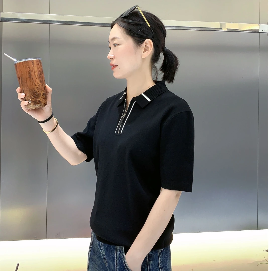 【周晓君】2025秋季欧货男士轻奢简约休闲翻领半拉链短袖桑蚕丝混纺
