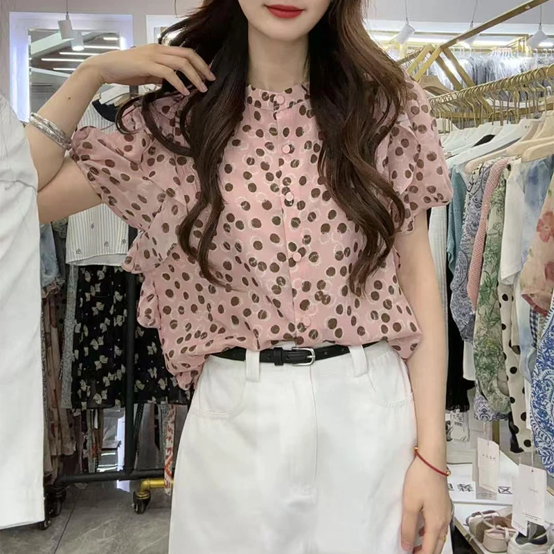 高级感气质衬衫2025夏季新款设计感荷叶边袖子波点小立领短袖小衫