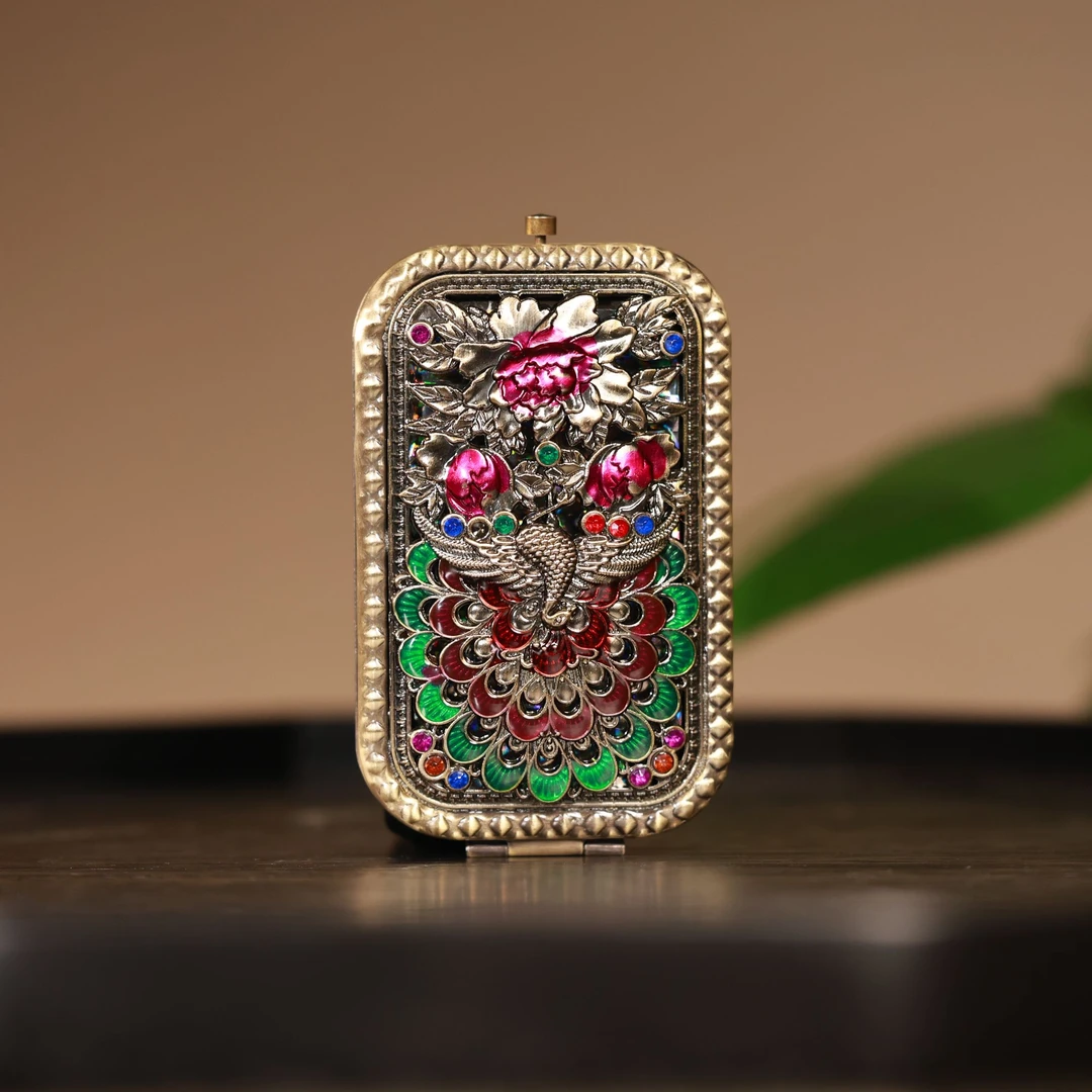 纳兰  复古长方行孔雀开屏翻盖化妆镜茶道配件（N00215）