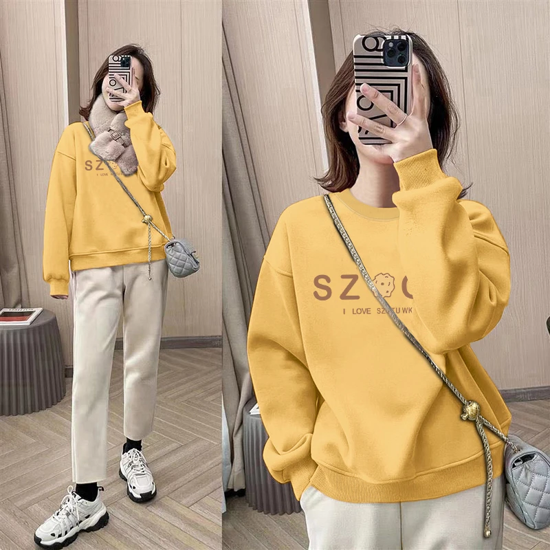 圆领套头打底衫加绒加厚卫衣女2025秋冬新款宽松韩版外套春秋薄款