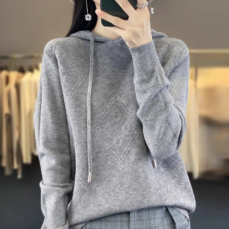 连帽针织打底衫女士宽松纯色亲肤毛衣2025秋冬新款套头卫衣打底衫