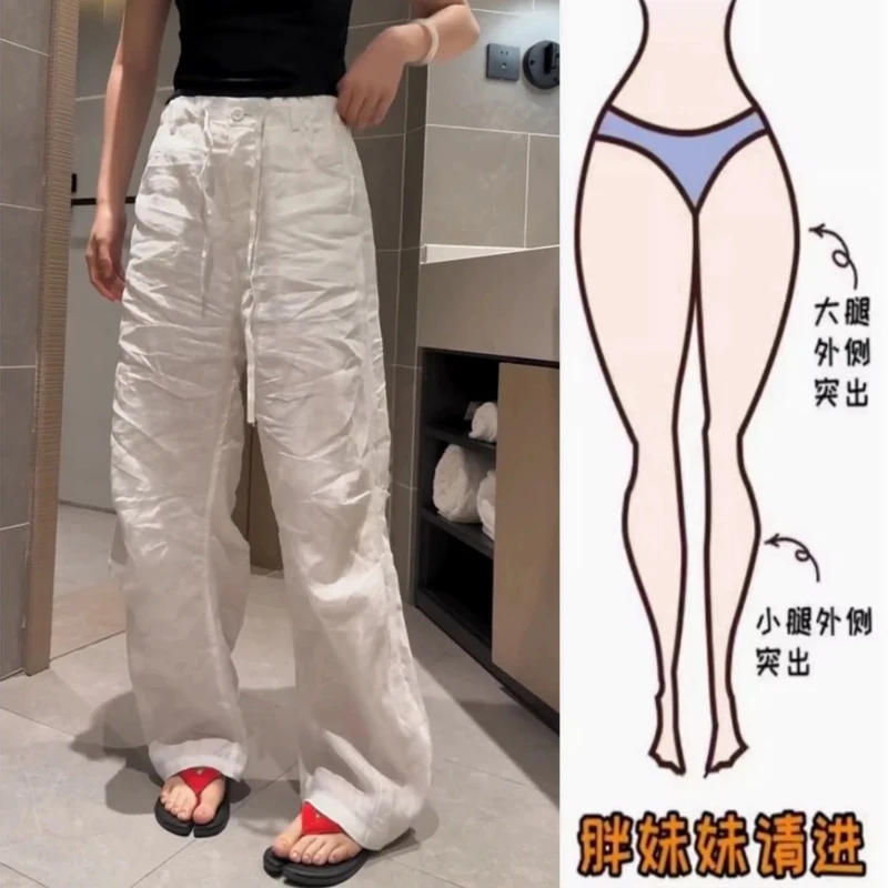 Aimeerosa/艾洛莎夏季薄款时髦宽松阔腿亚麻休闲裤高腰弯刀拖地裤