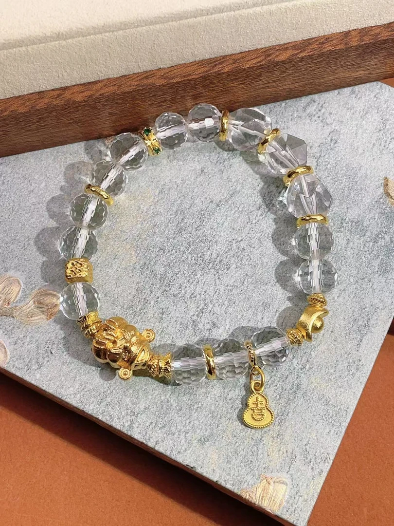 B242金色葫芦流苏刻面白水手链