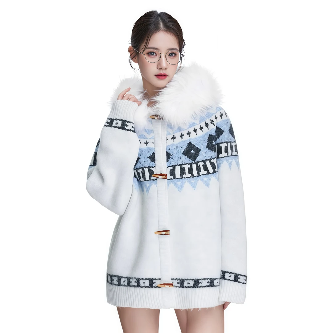 FDR WSP 可拆卸毛领费尔岛毛衣外套男女秋季加厚情侣款撞色针织衫